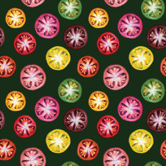Fototapeta premium Hand-drawn seamless pattern: red, green, yellow multi-color on dark green background. Great idea for kitchen, food delivery flyer or restaurant menu or textile fabric tablecloth, napkins design