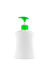 white plastic bottle with green pump isolated on white background for packaging mockup, File contains a clipping path