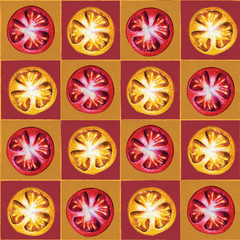 Hand-drawn seamless checkered pattern: red and yellow tomatoes. Warm colors. Great idea for kitchen, food delivery flyer or restaurant menu or textile fabric tablecloth, napkins