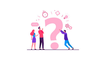 People searching solutions and asking for help. Men and women discussing huge question mark. Vector illustration for communication, assistance, consulting concept
