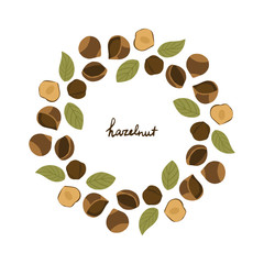 cirlce frame of hazelnuts on the white background. hand drawn wreath. Nut ornament for wallpapers, polygraphy, textiles, web page design, surface textures