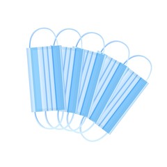 Safety breathing blue masks against coronavirus, dust and pollution. Industrial safety N95 mask, medical respiratory bandage on face, surgical protective mask, icons