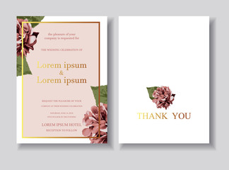 Greenery greeting/invitation card template design,Deep Pink hydrangea flowers with white background.Vector/ Illustration