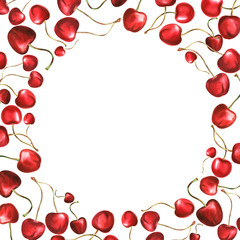 Frame with red cherry on an isolated white background, watercolor painting