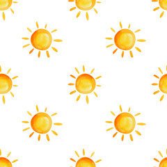 Watercolor pattern with sun on isolated white background, watercolor hand drawing