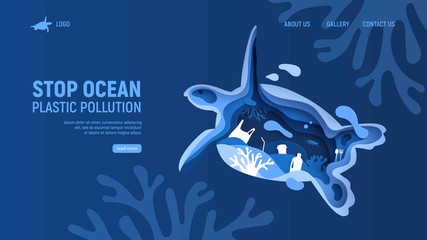 Ocean plastic pollution page template with turtle silhouette. Paper cut tortoise with plastic rubbish, fish, bubbles and coral reefs isolated on classic blue background. Save the ocean vector © janevasileva