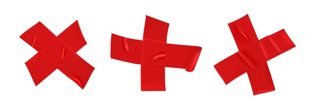 Red duct tape cross set. Realistic red adhesive tape cross for fixing isolated on white background. Realistic 3d vector illustration