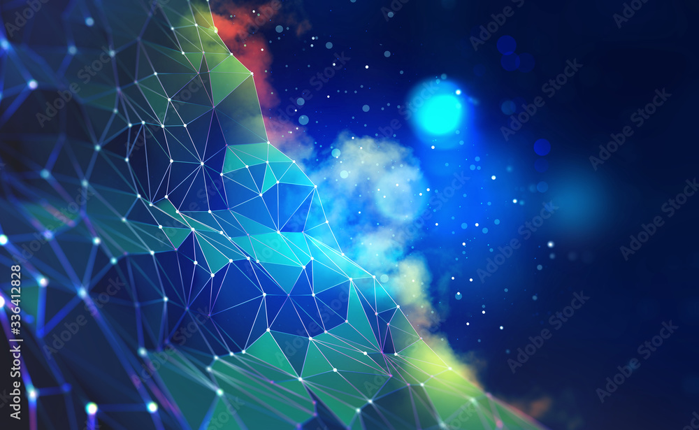 Aufkleber Global cyber network and cloud technology. Blockchain and database security 3D illustration. Polygonal Grid and Digital Cyberspace