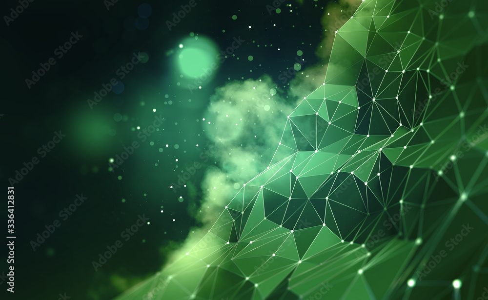 Poster Global cyber network and cloud technology. Blockchain and database security 3D illustration. Polygonal Grid and Digital Cyberspace