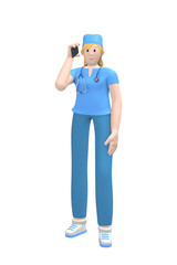 Medical character young white female doctor in a suit talking on the phone, accepts a call. Cartoon person isolated on a white background. 3D rendering.