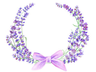 Floral round frame with lavender on isolated white background. Design artwork for the poster, tee shirt, wedding invitation, home decor. Lavender wreath.
