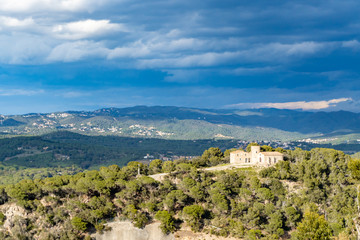 Spanish medieval castle and mountain landscape panoramic view