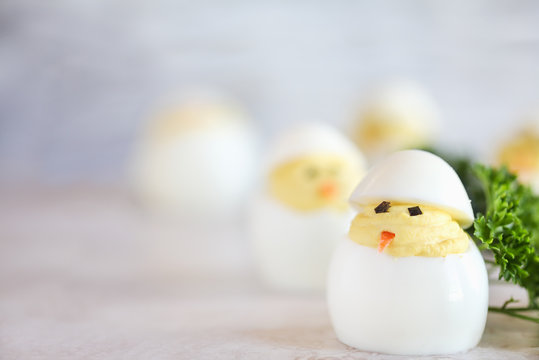 Deviled eggs for Easter decorated as cute little chicks hatching from eggs with carrot beak and seaweed eyes. Extreme shallow depth of field with blurred background and room for copy space. 