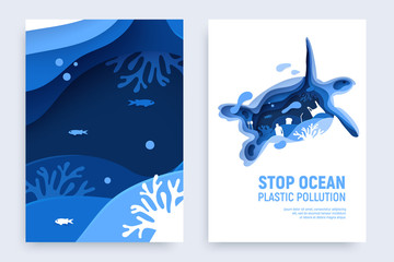 Ocean plastic pollution banner set with turtle silhouette. Paper cut tortoise with plastic rubbish, fish, bubbles and coral reefs isolated on white background. Paper art vector illustration