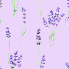 Watercolor pattern with lavender on isolated white background, watercolor hand drawing. Fabric wallpaper print texture. Stock illustration.