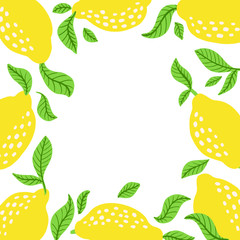 Lemon citrus frame with copy space. Composition with lemons and leaves. Vector illustration.