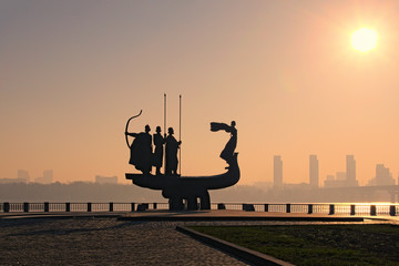 Black silhouette of famous Monument to legendary founders of Kyiv: Kiy, Schek, Khoryv and their...