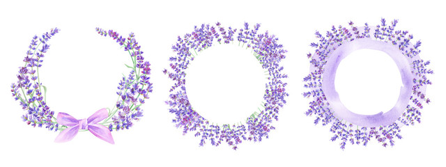 Floral round frame with lavender on isolated white background. Design artwork for the poster, tee shirt, wedding invitation, home decor. Lavender wreath.