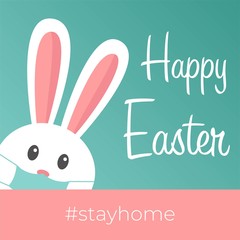 happy easter. stay home. coronavirus bunny with medical mask. covid-19 bunny. CORONAVIRUS EASTER RABBIT. Easter bunny isolated on blue background.