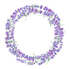 Floral round frame with lavender on isolated white background. Design artwork for the poster, tee shirt, wedding invitation, home decor. Lavender wreath.
