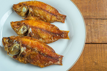 Ikan goreng or fried fish, 
has a good taste and has good nutrition for the body. on white plate