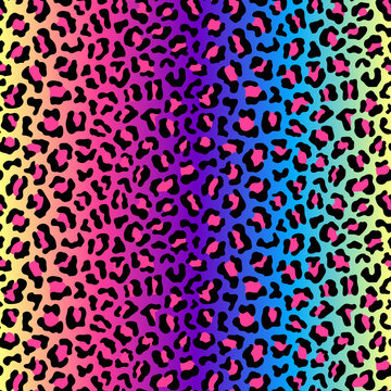 Colorful leopard seamless pattern. Neon rainbow colored gradient background. Vector wallpaper. 