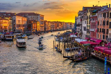 Sheer curtains Rialto Bridge Grand Canal with gondolas in Venice, Italy. Sunset view of Venice Grand Canal. Architecture and landmarks of Venice. Venice postcard