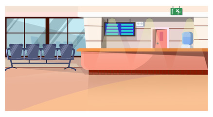 Waiting room with counter in airport illustration. Bright space with cooler, hanging screen and chairs in row. Airport concept