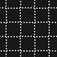 Square grid seamless pattern. Vector abstract geometric black and white texture with crossing dash lines, rhombuses, mesh, lattice, grill. Dark monochrome repeat background. Design for decor, prints