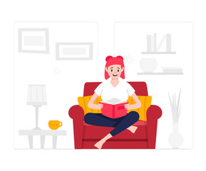 Stay at home concept. Woman reading book. Girl sitting at armchair. 
