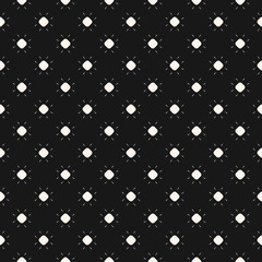 Black and white dotted vector seamless pattern. Simple geometric texture with small polka dots, circles, flowers. Illustration of sun. Abstract minimal monochrome background. Modern dark repeat design