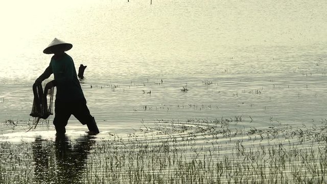 Silhouette of Asian fisherman with fishing net casting fish by throwing fishing net into the lake in morning sunshine.Fish is nature food from river or lake at rural in developing country
poor living.