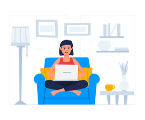 Fototapeta na wymiar Stay at home concept. Woman working on the laptop. Girl sitting at armchair