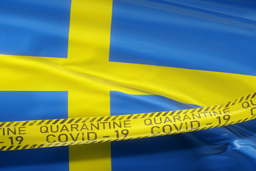 Flag of Sweden waving on wind. 
Restrictive tape coronavirus Covid-19, SARS-CoV-19 quarantine. Realistic 3d rendering