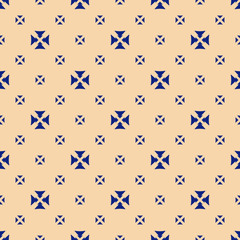 Simple minimalist geometric floral texture. Seamless pattern with small triangles, flower shapes, crosses. Vector abstract background in deep blue and yellow colors. Repeat design for decor, wallpaper