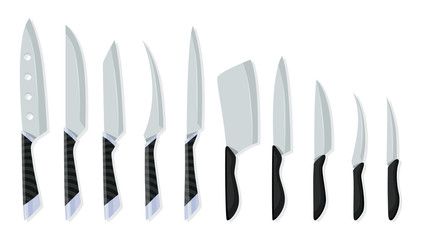 Set of butcher meat knives for design butcher themes. Different kind of knives for chefs, knife icon for butcher shop. Cutlery icon set - vector realistic kitchen knives isolated