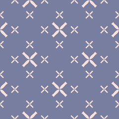 Vector geometric seamless pattern with small flower silhouettes, crosses. Elegant minimal texture in pastel colors, blue serenity and pink. Abstract minimalist repeat background. Decorative design