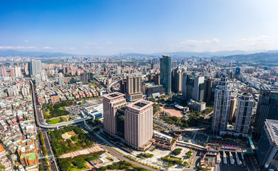 Naklejka na ściany i meble This is a view of the Banqiao district in New Taipei where many new buildings can be seen, the building in the center is Banqiao station, Skyline of New taipei city