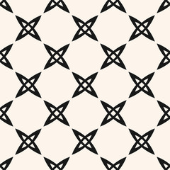 Naklejka premium Vector geometric seamless pattern with small crosses, abstract flowers, grid. Simple black and white texture. Modern minimal monochrome background. Repeating design for decor, wallpaper, fabric, cloth