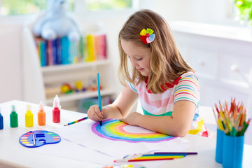 Kids paint. Child painting. Little girl drawing.