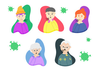 set of character cough, young girl, man, grandfather, grandmother illustration