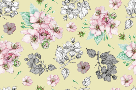 flowers blackberry plants garden pattern seamless print textile graphics line ink hand drawn congratulations postcard card background illustration spring nature summer © Paint_art