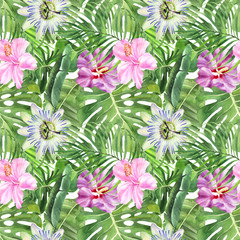 Watercolor seamless pattern with tropical leaves, passiflora, hibiscus on an isolated white background, watercolor jungle drawing.