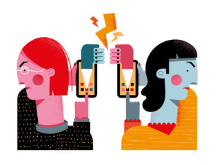 Two women fighting on social media on smart phones.