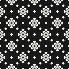 Vector floral geometric seamless pattern. Simple minimalist ornament with flower shapes. Stylish minimal background. Black and white elegant abstract texture. Dark monochrome design for decor, cover