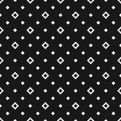 Vector geometric texture with small flower shapes, diamonds, squares, crosses. Abstract black and white minimalist modern seamless pattern. Simple minimal monochrome background. Dark repeat design