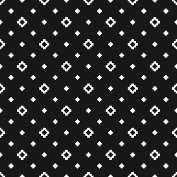 Vector geometric texture with small flower shapes, diamonds, squares, crosses. Abstract black and white minimalist modern seamless pattern. Simple minimal monochrome background. Dark repeat design