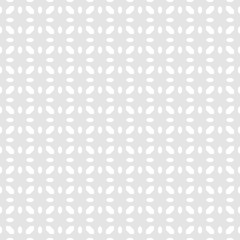 Floral geometric seamless pattern. Subtle minimal vector ornament with small diamonds, flower shapes, grid. Elegant minimalist background. Simple texture in light gray color. Repeat decorative design