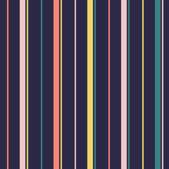 Vector vertical stripes pattern. Simple seamless texture with thin straight lines. Stylish abstract geometric striped background design. Pink, coral, yellow, teal green strips on dark blue backdrop