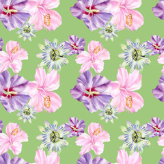 Seamless pattern with passionflower, hibiscus flowers, watercolor jungle drawing.